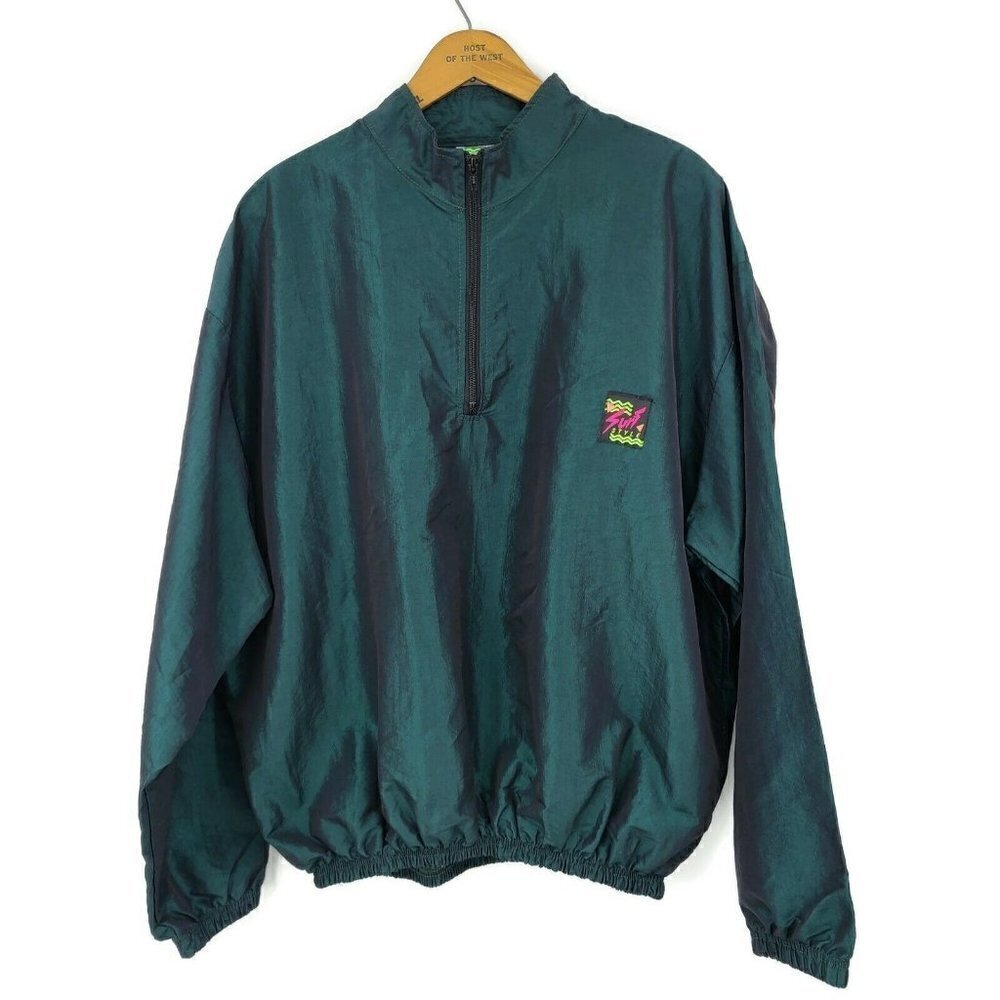 Vintage Surf Style Windbreaker Mens One Size Green Iridescent 1/4 Zip